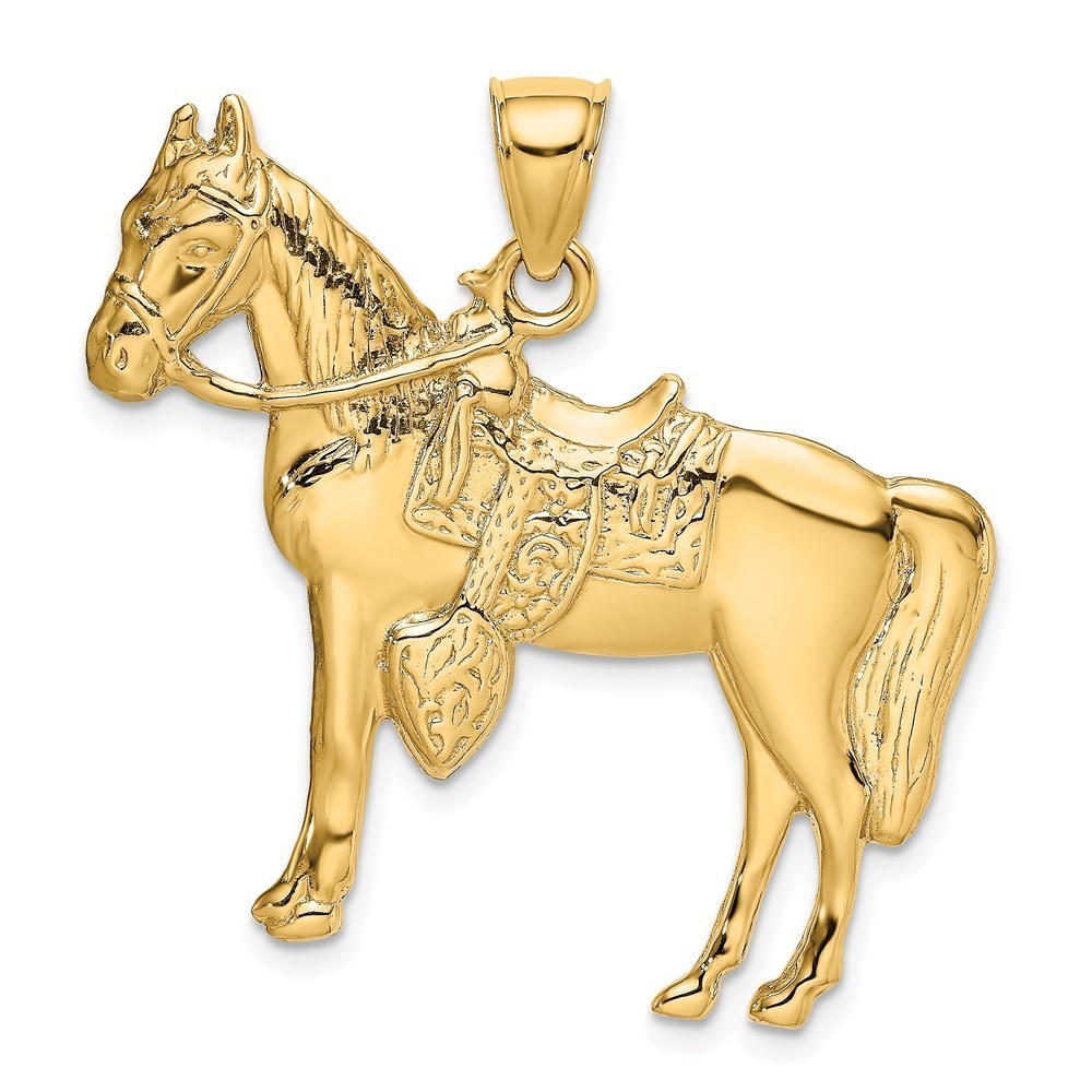 14k Yellow Gold Equestrian Fine Jewelry Horse w/ Saddle Necklace Charm Pendant